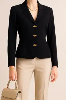 Reba Black Blazer Gold Turn-Lock Peplum Hem Quiet Luxury Money Classic Workwear