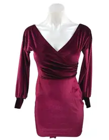 Lucy in the Sky Red Velvet Velour Long Sleeve Faux Wrap Mini Sheath Dress Size S