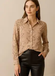 Rose & Olive Snake Print Button Down Shirt - Beige and Black Size Small