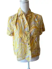 Michael Kors‎ Yellow White Abstract Pattern Short Sleeve Button Blouse