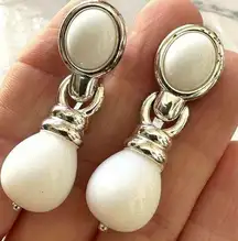 Monet white and silver  tone clip on drop earrings