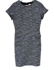 LOFT Tweed Blue Black White Fringe Sheath Career Dress Women's Size 6 NWT