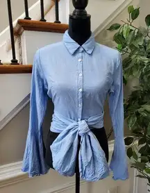 Fashion Nova  Women Blue Wrap Cotton Long Sleeve Collared Top Shirt Size Medium