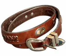 Vintage Latigo Leather Belt 34 Brown Antique Silver Concho Patina Braid Western