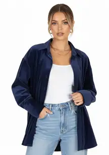 NWT Hunter & Brown Velvet Button Down Top Womens L Blue Oversized Clean Girl