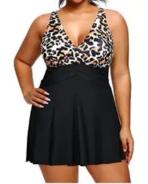 Holipick NWT Leopard Print Black V-Neck Tummy Control Swim Dress Size 22W