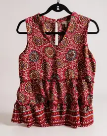 C Lab Sleeveless Tiered Floral V Neck Mock‎ Neck Top Women's Medium Red