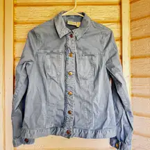 Chico's Ruffled Trim Jean 1=Medium Light Blue Jacket Button Down Feminine Fall