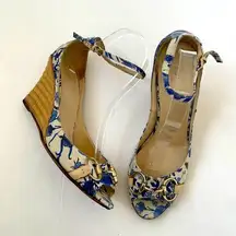 Gucci  White blue canvas floral horsebit Wedge heels 8