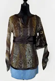 Y2K 100% Silk St. Tropez West Animal Print Bell Sleeve Blouse Brown Cheetah M