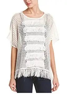 TRINA TURK Women's‎ White Anja Fringed Poncho Short Sleeve Sweater SMALL