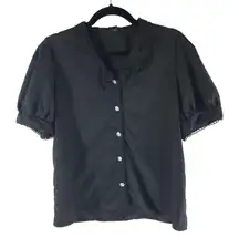 Shein Black Button-Up Blouse Lace Trim Collar & Sleeves Goth Schoolgirl XL