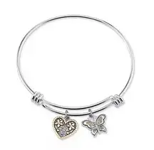 Unwritten Butterfly & Heart "Sisters" Charm Bangle Bracelet Silver Plated Charms