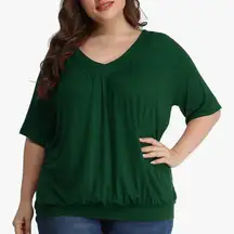 Andy & Natalie Elegant Deep Green V-Neck Blouse