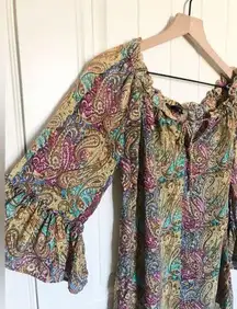 Tolani  Paisley Patterned Silk Peasant Blouse - Size Small