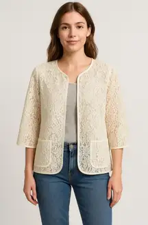 Chicos Womens Bonded Lace Henrietta Cardigan White Tan Open Front  Blazer Size 1
