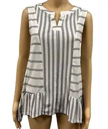 Ava James White Gray Slit Neck A Line Sleeveless Striped Flowy Tank Blouse Small