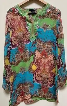 Saint Tropez West Silk Mixed Print Sheer Swim Tunic Cover Up Size Medium