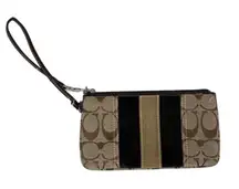 Coach Monogram Wristlet Wallet Brown Suede Stripe Zip Purse Y2K 2000s Preppy