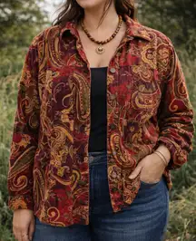 90s Boho Paisley Corduroy Shirt Jacket 1X Indie Folk Art Earthy