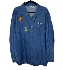 Cabin Creek Embroidered Cat Denim Long Sleeve Button Down Shirt 22W