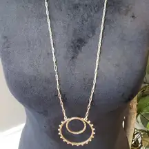 Womens Fashion Gold Tone Double Circle Long Pendant Paper Clip Chain Necklace