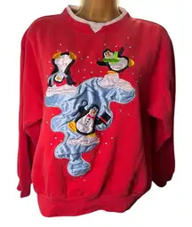 Vintage 90s Y2K Metropolitan Crewneck Sweatshirt Penguin Appliqué Christmas L