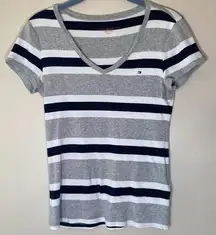 Tommy Hilfiger Short Sleeve V Neck Striped Shirt Grey