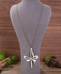 Bohemian Metal Dragonfly Pendant Leather Cord Necklace