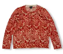 Talbots Petites Cardigan Sweater Red Paisley Print 100% Merino Wool Large Petite
