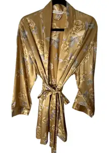 Vintage Victoria's Secret Gold Floral Satin Long Sleeve Kimono Robe OS Y2K Retro
