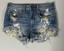 Blue Gold Stone-Washed ‘Lady Gaga’ ‘’ Pop Divas Patches Studded High-Waisted Stretch Denim Jean Shorts Bottoms Size 6 🎤✨