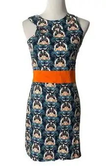 Tracy Negoshian Women Floral Pattern Dress Orange Blue Sleeveless Sheath‎ Size S