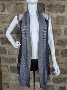 Chico's Vest Blue Striped Open Front Waterfall Pocket Lagenlook‎ Woman's Size 4