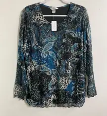 CJ Banks Women's Top Blue Black Paisley Plus Size 1X 16/18W