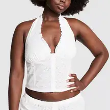 VS PINK X FRANKIE’S BIKINIS Gabriela Eyelet Halter Corset Top in white