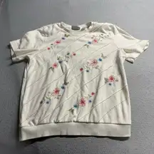 Cream Floral Embroidered Short Sleeve Top Shoulder Pad Y2K vintage