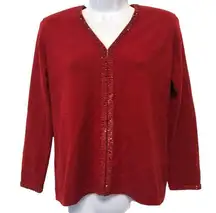 Oscar de la renta‎ cashmere sequin trim red cardigan sweater size S