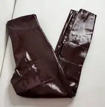 SPANX Shape Faux Leather Patent Leggings Size Medium Petite Ruby Burgundy Shiny