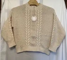 Umgee Mock‎ CrewNeck Cable Knit Ivory Sweater Size Large Oversized NWT