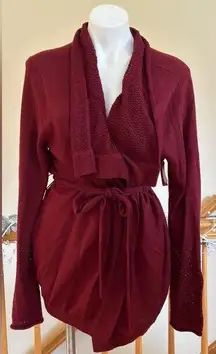 Burgundy Tight knit sweater With  belt, shawl &  collar Sz L