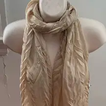 Beige pleated textured acrylic semi sheer scarf with fringe trim, size 69»x15”