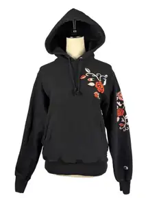 Champion Reverse Weave Black Rose Embroidered Hoodie Sweatshirt Womens Small