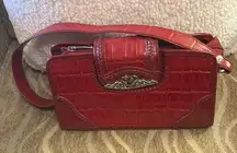 Vibrant Red Leather Clutch with Crocodile Texture