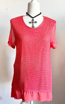 Coral Crochet Knit Top, Boho, Resortwear,‎ Beachcore, Coastal Grandmother, Small
