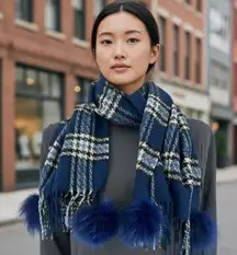 Cashmere Plaid Scarf Blue White Black Faux Fur Pom Poms Fringe Preppy Old Money