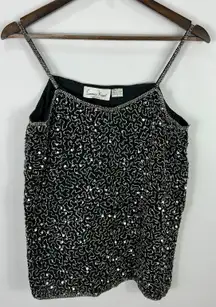 Lawrence Kazar Silk Beaded Tank S Black Sequin Y2K Party Cocktail Evening Top