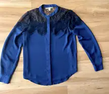 LC Lauren Conrad Western Button Down Blouse Blue Lace Small Shirt Top Cowgirl