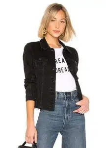 BLANKNYC Black Denim Trucker Jean Jacket Button Front Raw Cut Puff Sleeve Small