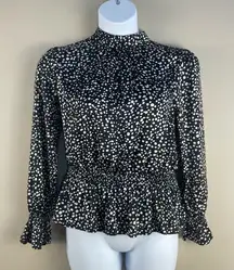 Scoop Ruffle Peplum Women’s Black White Polka Dot Long Sleeve Shirt Blouse Large
